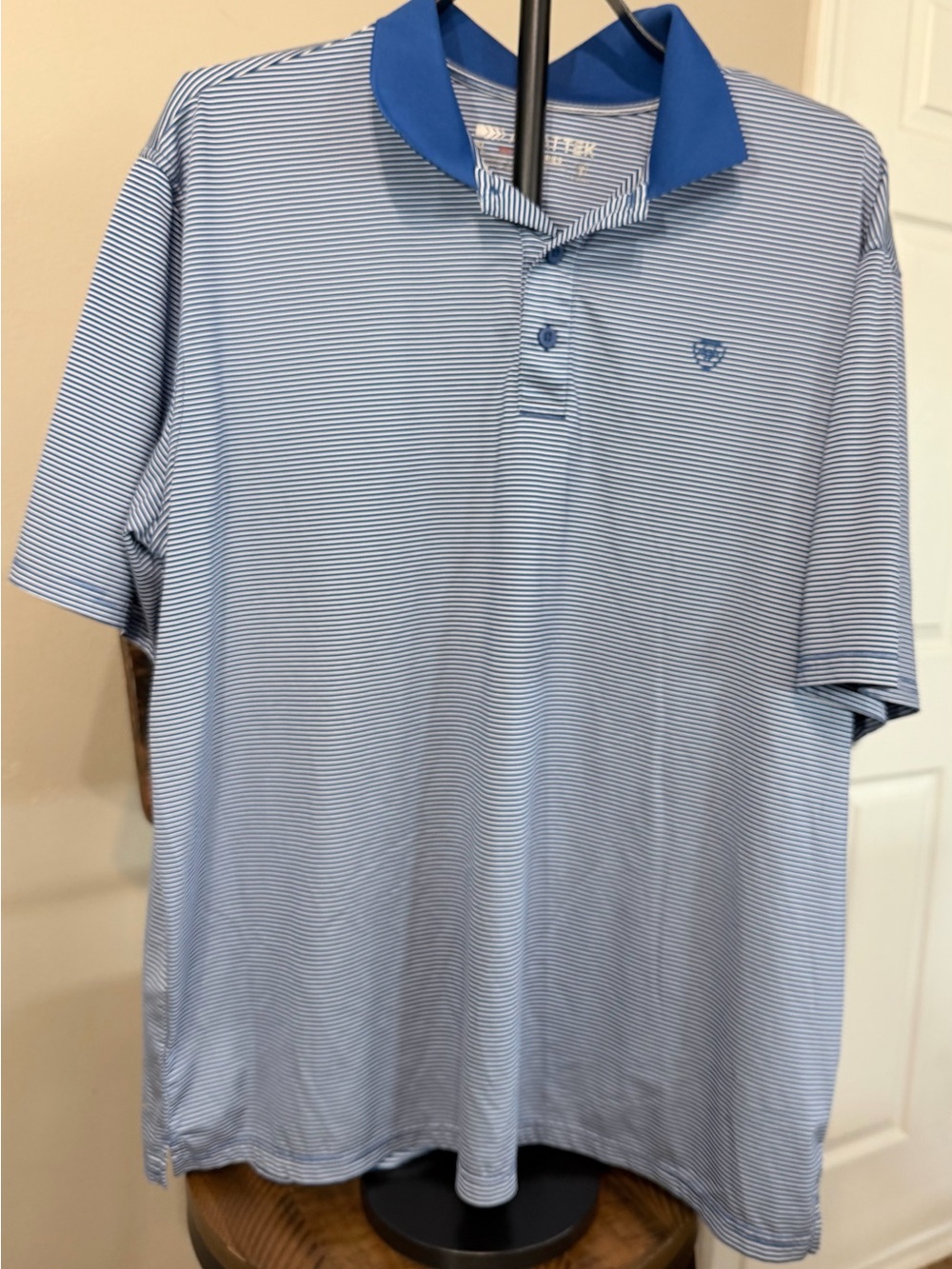 Ariat Men's Light Blue Micro-Striped Polo with Royal Blue Collar